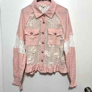 POL Womens Floral Applique Button Down Jacket Size M Lace Eyelet Pearls Festival